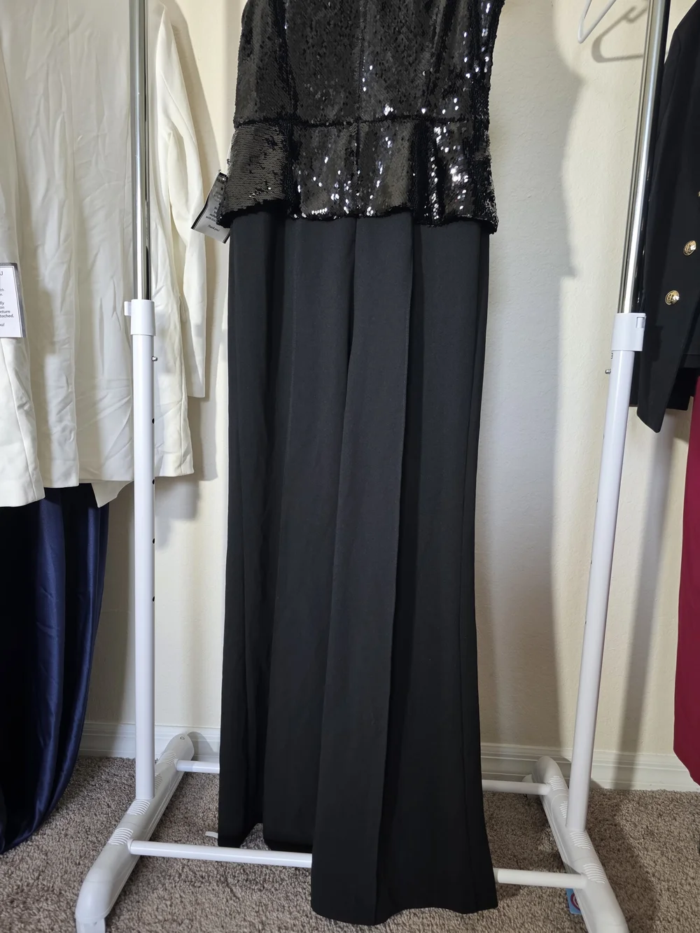 Adrianna Papell Black Sequin Peplum Jumpsuit Gold Buttons CrewNeck CocktailEvent - Picture 6 of 12